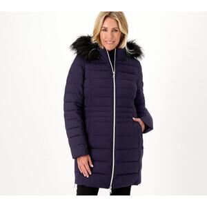 Nuage Regular Stretch Puffer Coat w/ Removable Faux Fur Trim Hood Navy S A546059